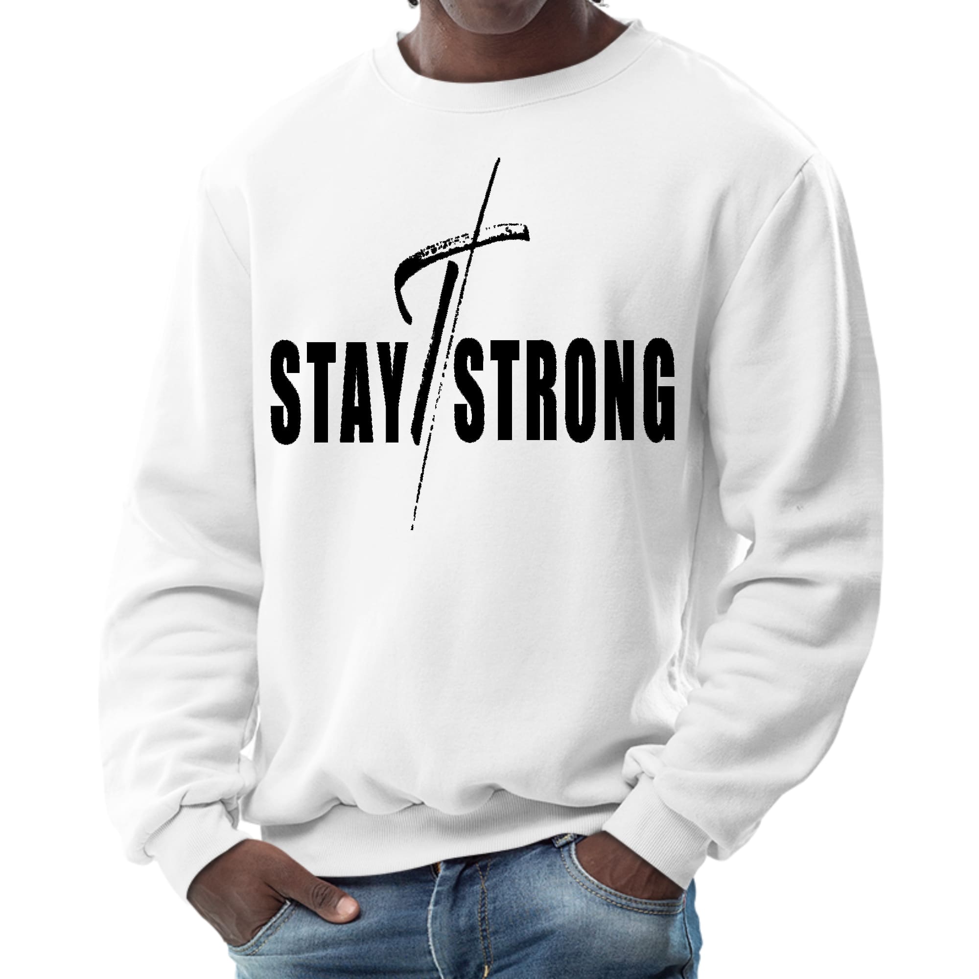 Mens Graphic Sweatshirt - Stay Strong with Cross Black Print