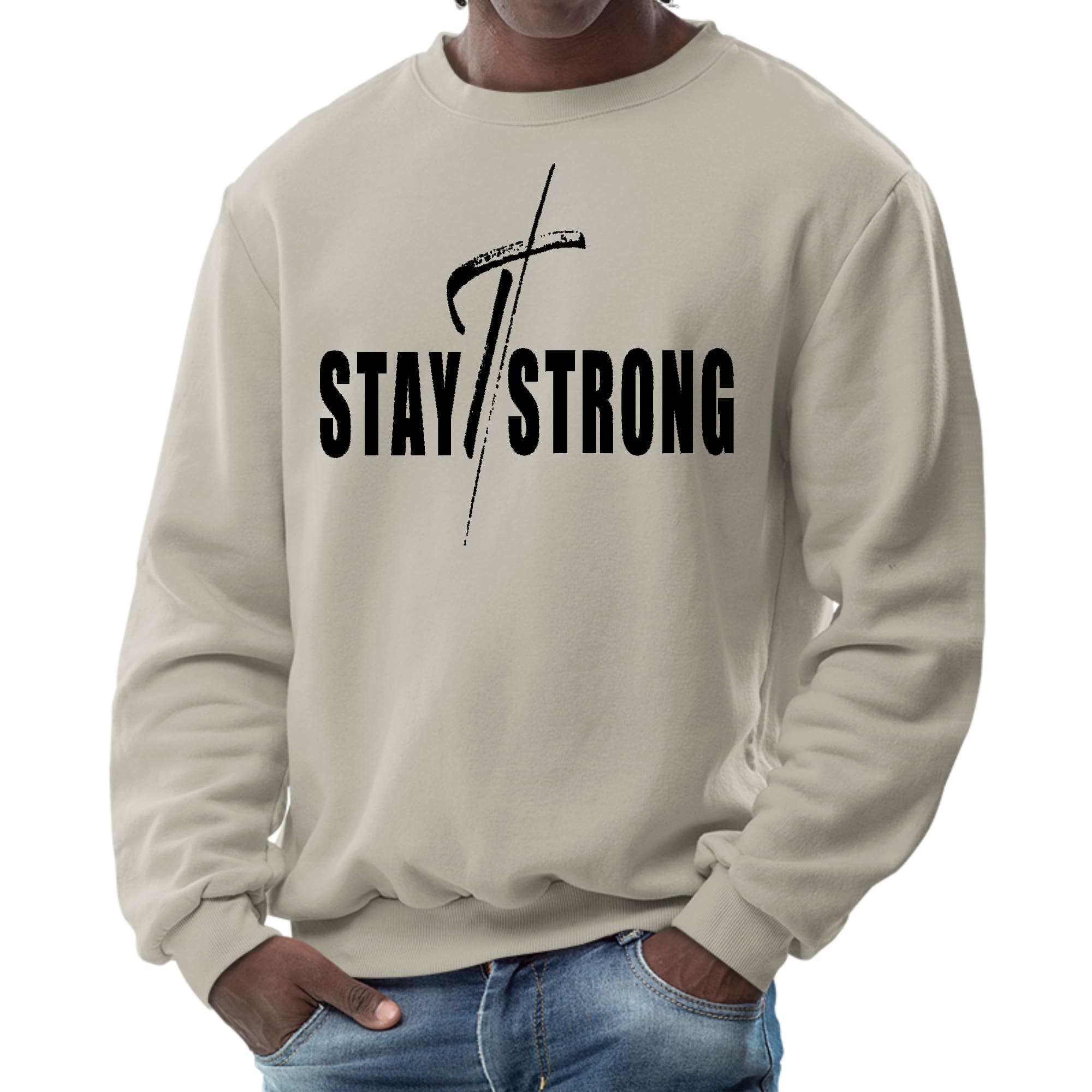 Mens Graphic Sweatshirt - Stay Strong with Cross Black Print