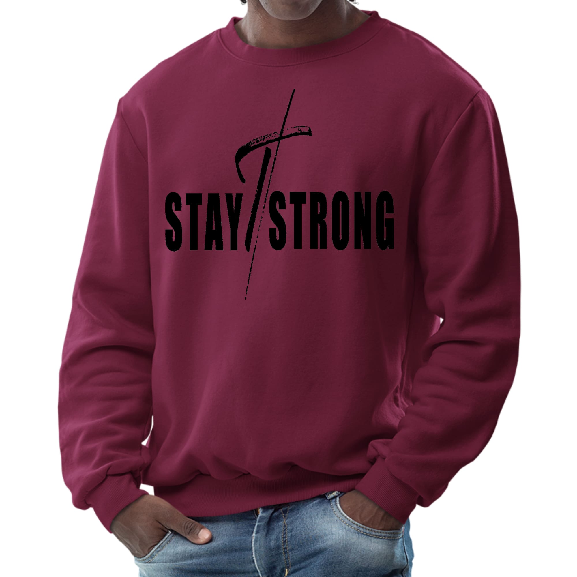 Mens Graphic Sweatshirt - Stay Strong with Cross Black Print