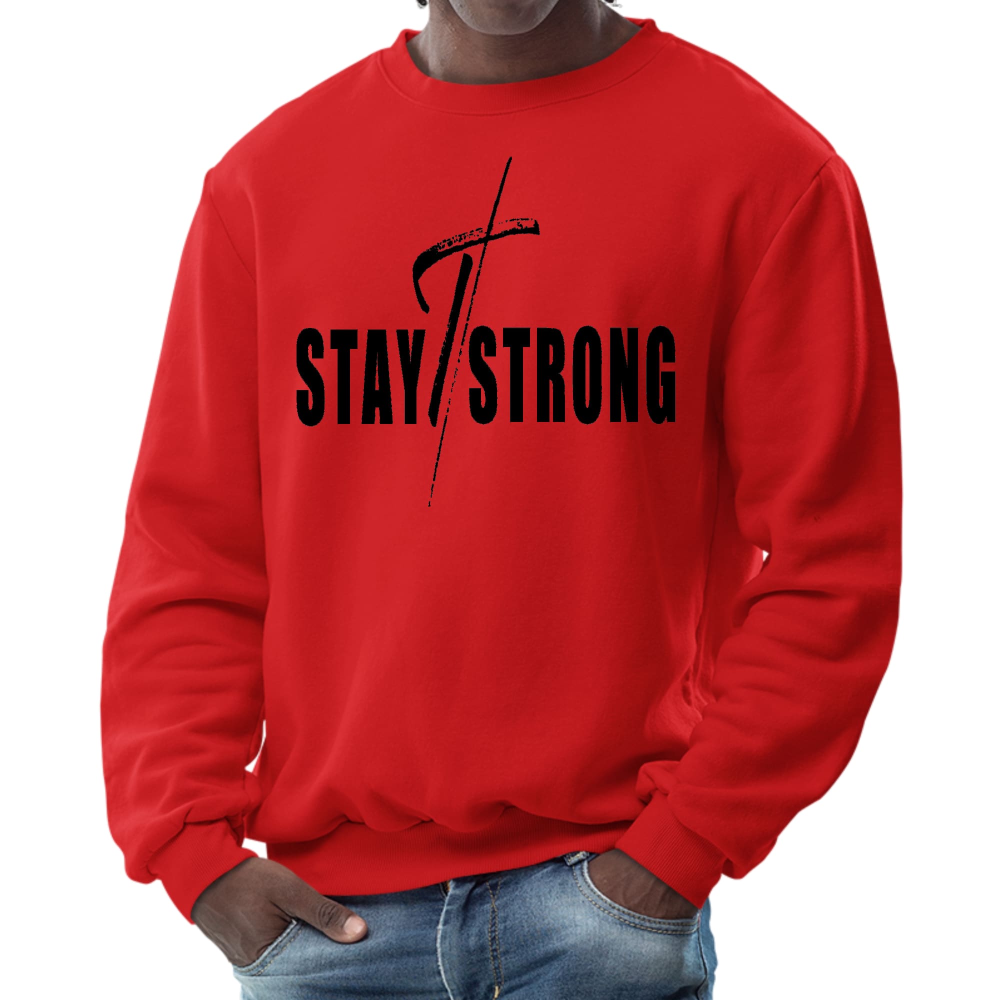 Mens Graphic Sweatshirt - Stay Strong with Cross Black Print