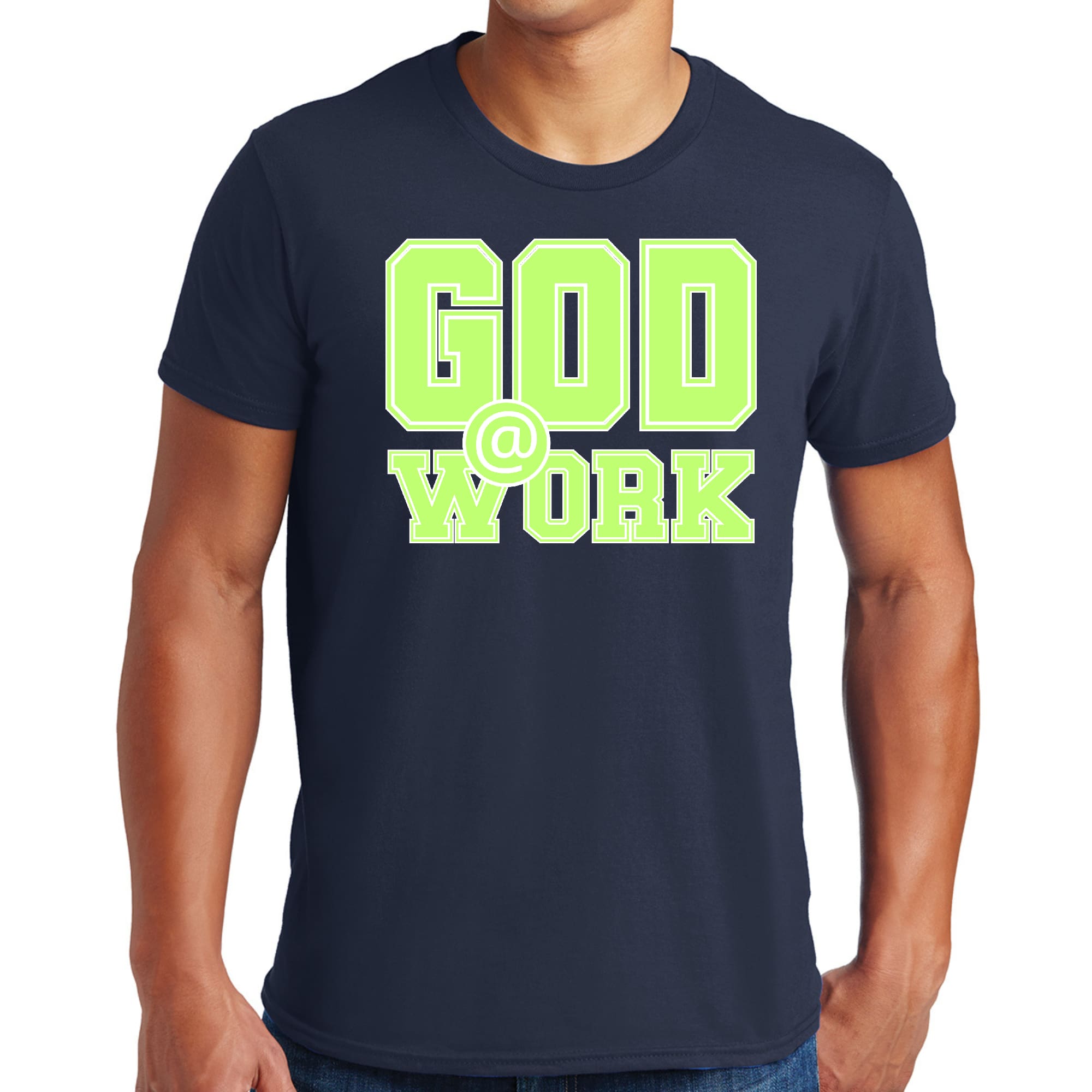 Mens Graphic T-shirt God @ Work Neon Green and White Print
