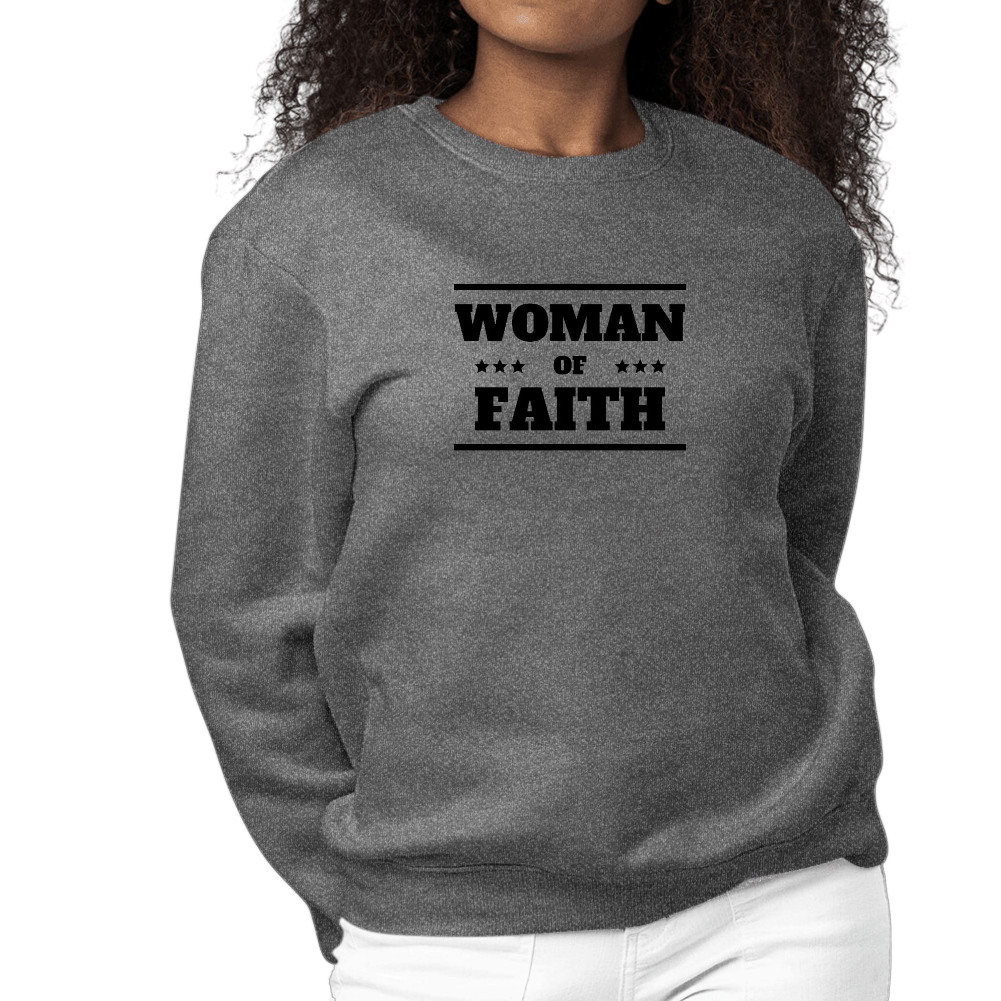 Womens Graphic Sweatshirt Woman of Faith Black Illustration