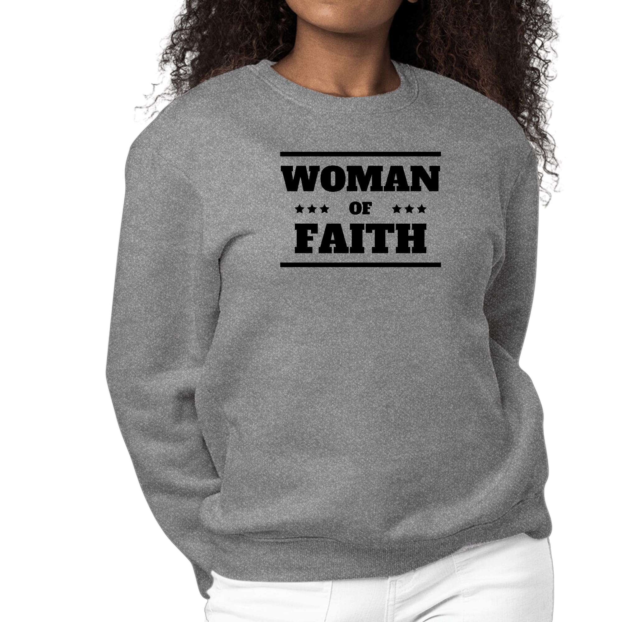 Womens Graphic Sweatshirt Woman of Faith Black Illustration