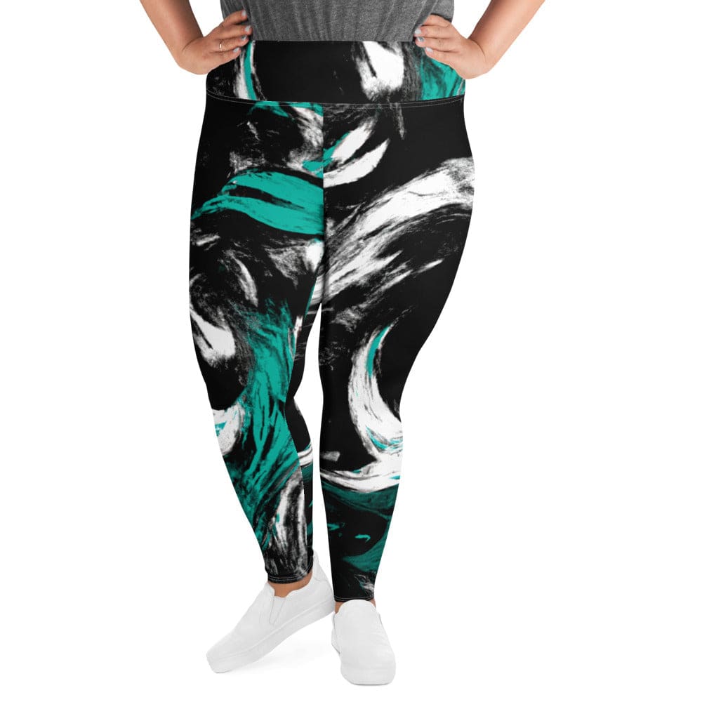 Womens Plus Size Fitness Leggings - Black Green White Abstract Pattern