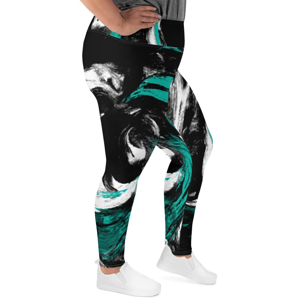 Womens Plus Size Fitness Leggings - Black Green White Abstract Pattern