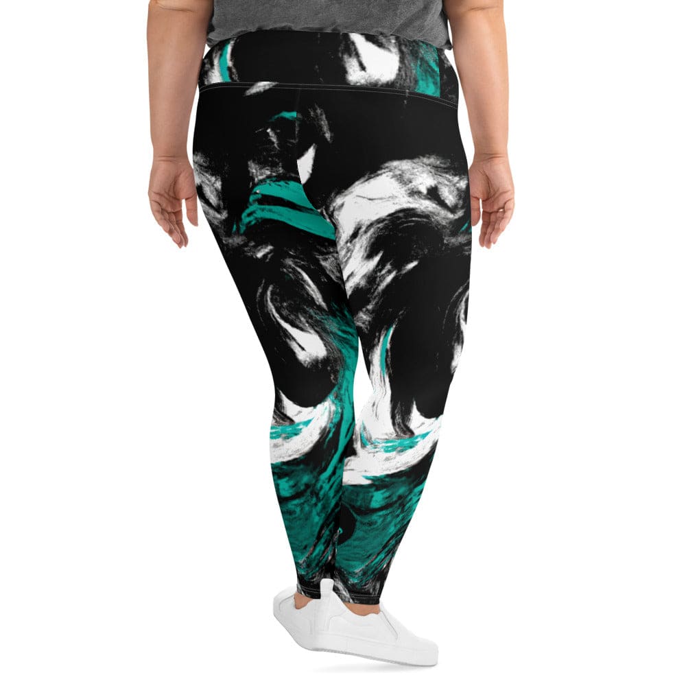 Womens Plus Size Fitness Leggings - Black Green White Abstract Pattern