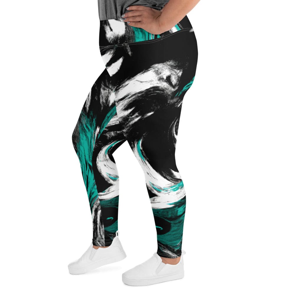 Womens Plus Size Fitness Leggings - Black Green White Abstract Pattern