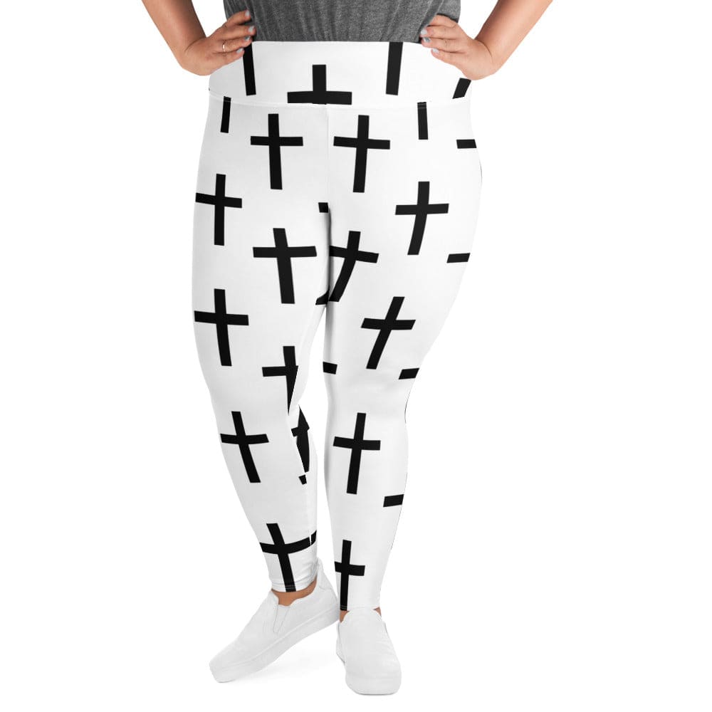Womens Plus Size Fitness Leggings - White Black Cross Print