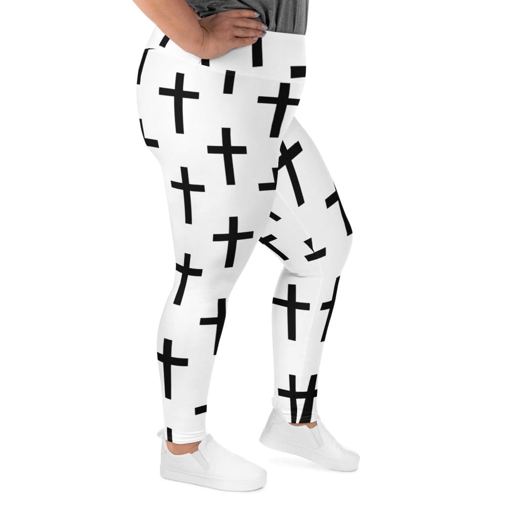 Womens Plus Size Fitness Leggings - White Black Cross Print