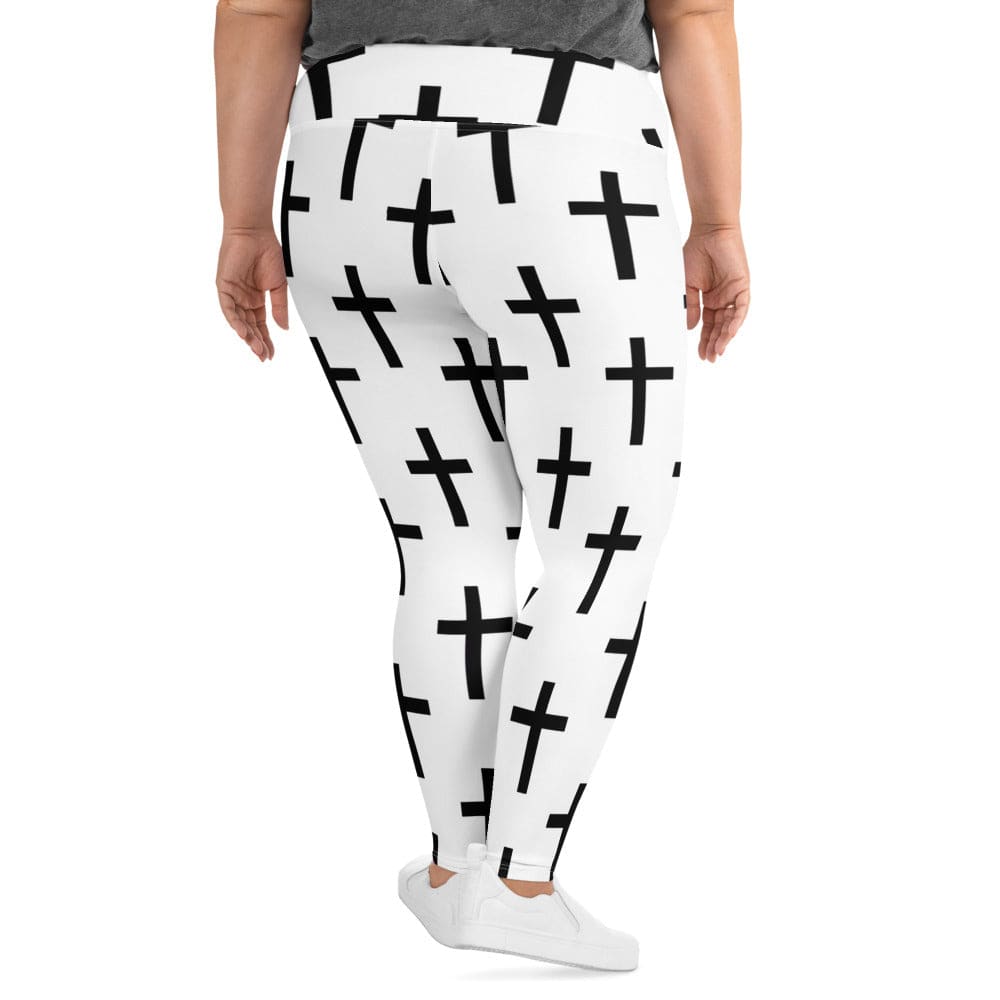 Womens Plus Size Fitness Leggings - White Black Cross Print