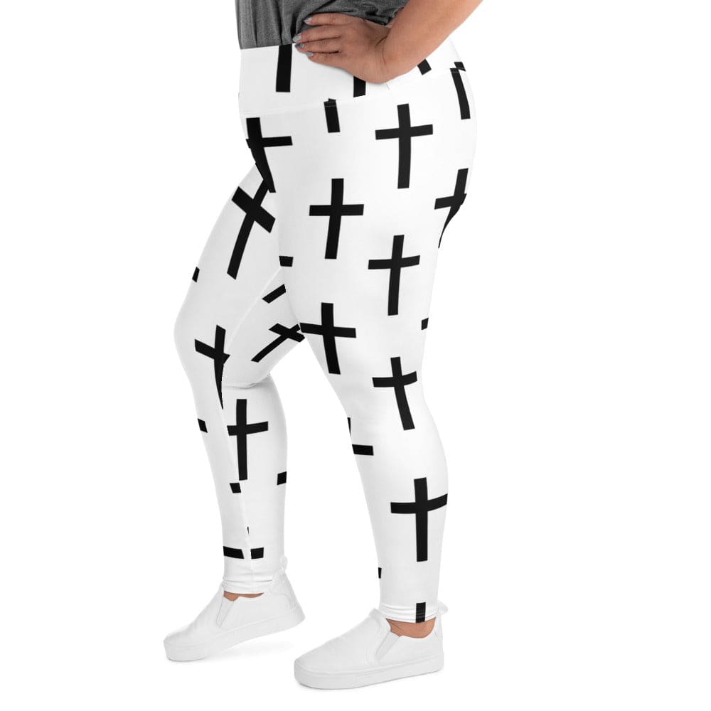 Womens Plus Size Fitness Leggings - White Black Cross Print