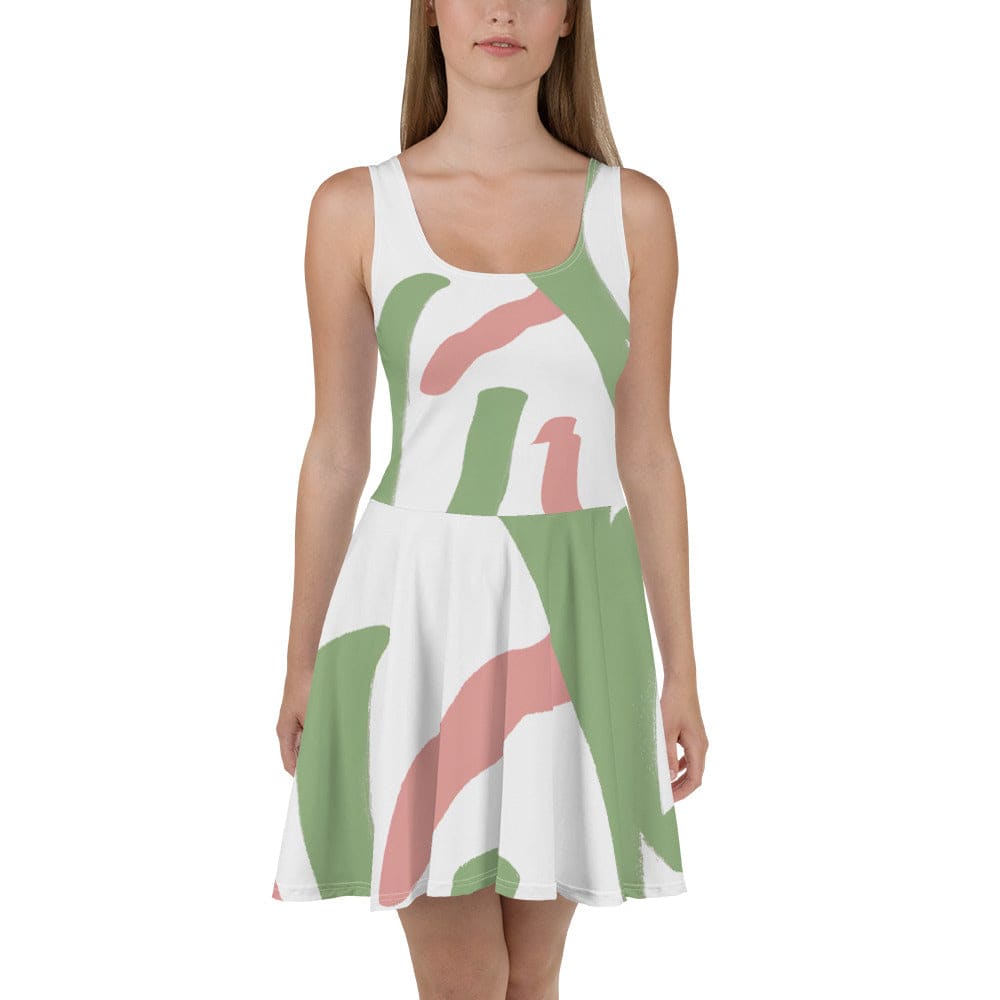 Womens Skater Dress - Green Mauve Abstract Brush Stroke Pattern